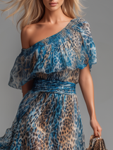 Wild - Long chiffon dress with leopard print and bare shoulders | The Bellemont Sisters Australia