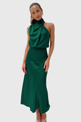 Ava | Glamorous Satin Halter Dress – Green | The Bellemont Sisters Australia