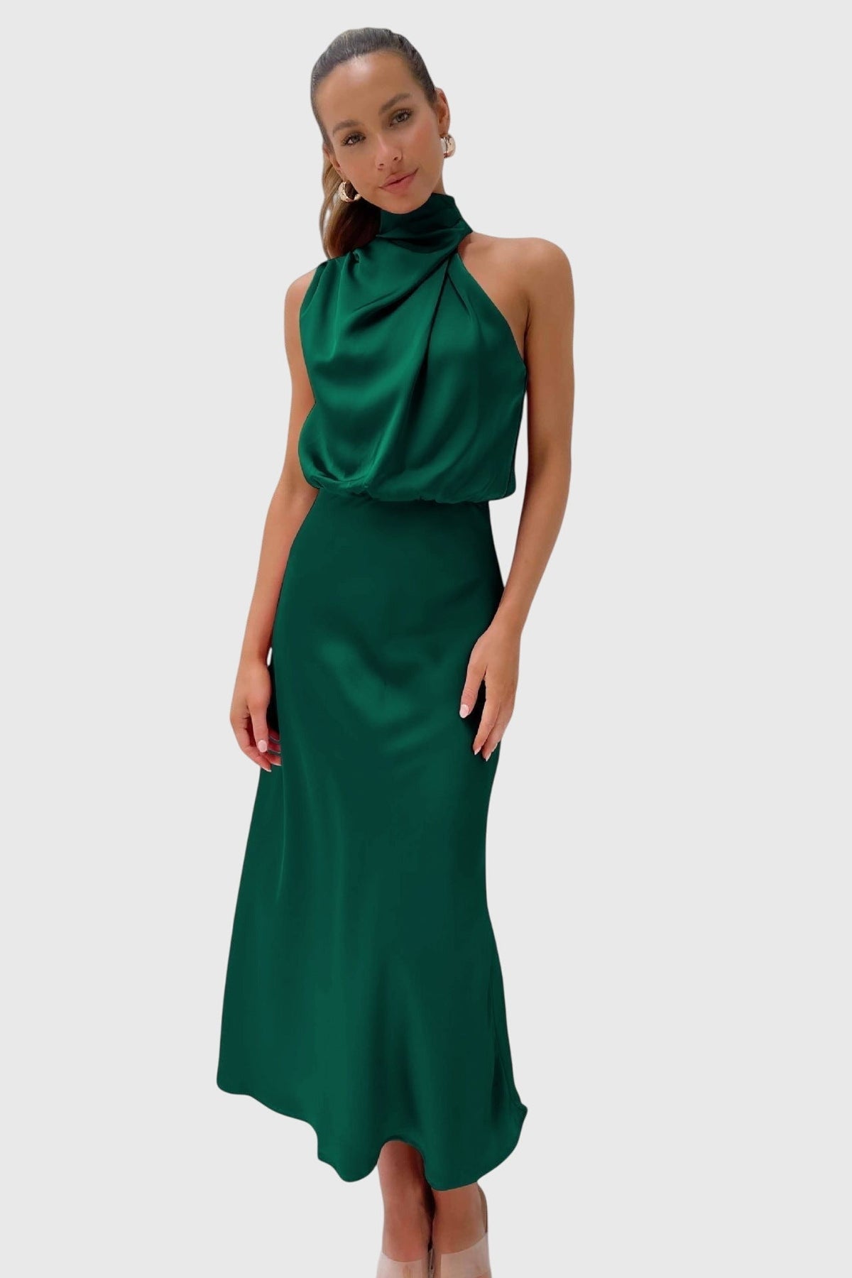 Ava | Glamorous Satin Halter Dress – Green | The Bellemont Sisters Australia