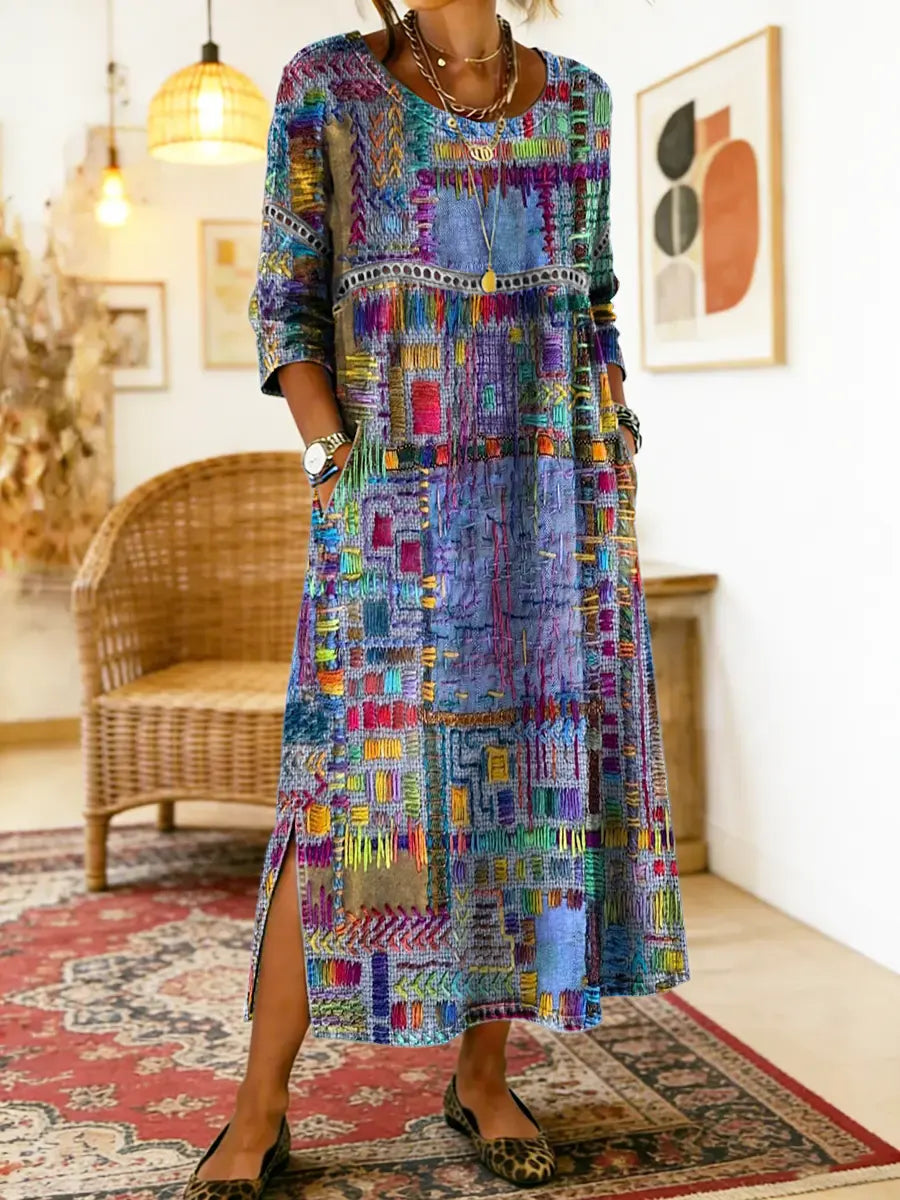 Manuela | Printed Dress with Ethnic Patchwork – Multicolor | The Bellemont Sisters Australia