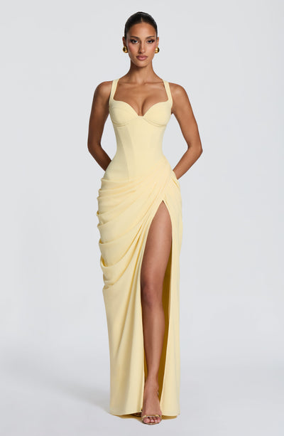 Beatrice | Women's Flowy Corset Wedding Guest Dress – Yellow | The Bellemont Sisters Australia