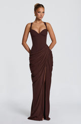 Beatrice | Women's Flowy Corset Wedding Guest Dress – Brown | The Bellemont Sisters Australia