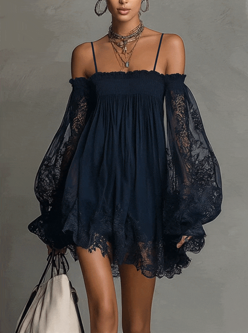 Noemi | Mini dress in navy blue chiffon with off-the-shoulder neckline, lace trim, and sheer sleeves | The Bellemont Sisters 