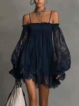 Noemi | Mini dress in navy blue chiffon with off-the-shoulder neckline, lace trim, and sheer sleeves | The Bellemont Sisters 