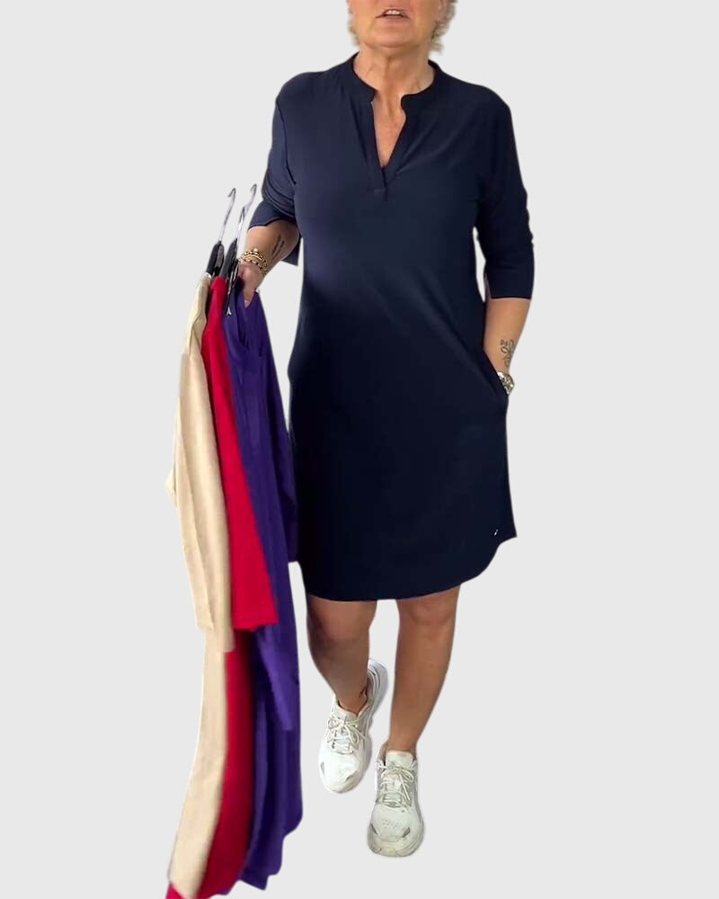 Katherine | Solid V-Neck Dress – Dark Blue | The Bellemont Sisters Australia
