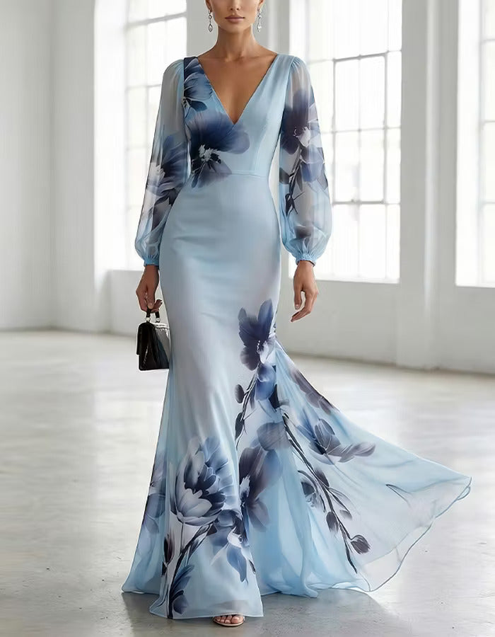 Light Blue Gradient Ink Wash Floral Chiffon V Neck Long Sleeves Maxi Dress | The Bellemont Sisters Australia