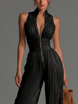 Black V-neck Sleeveless Zip-up Pleated Wide-leg Chiffon Jumpsuit | The Bellemont Sisters Australia