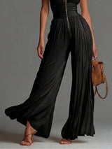 Black V-neck Sleeveless Zip-up Pleated Wide-leg Chiffon Jumpsuit | The Bellemont Sisters Australia