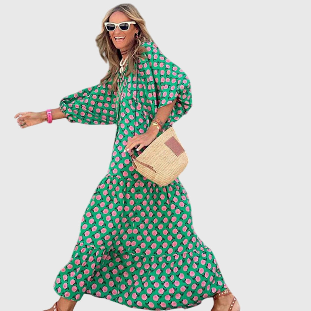 Sarah - Boho Maxi Dress – Green-Pink | The Bellemont Sisters Australia