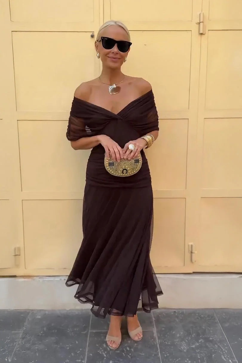 Mikaela - Off-Shoulder Maxi Dress – Brown | The Bellemont Sisters Australia