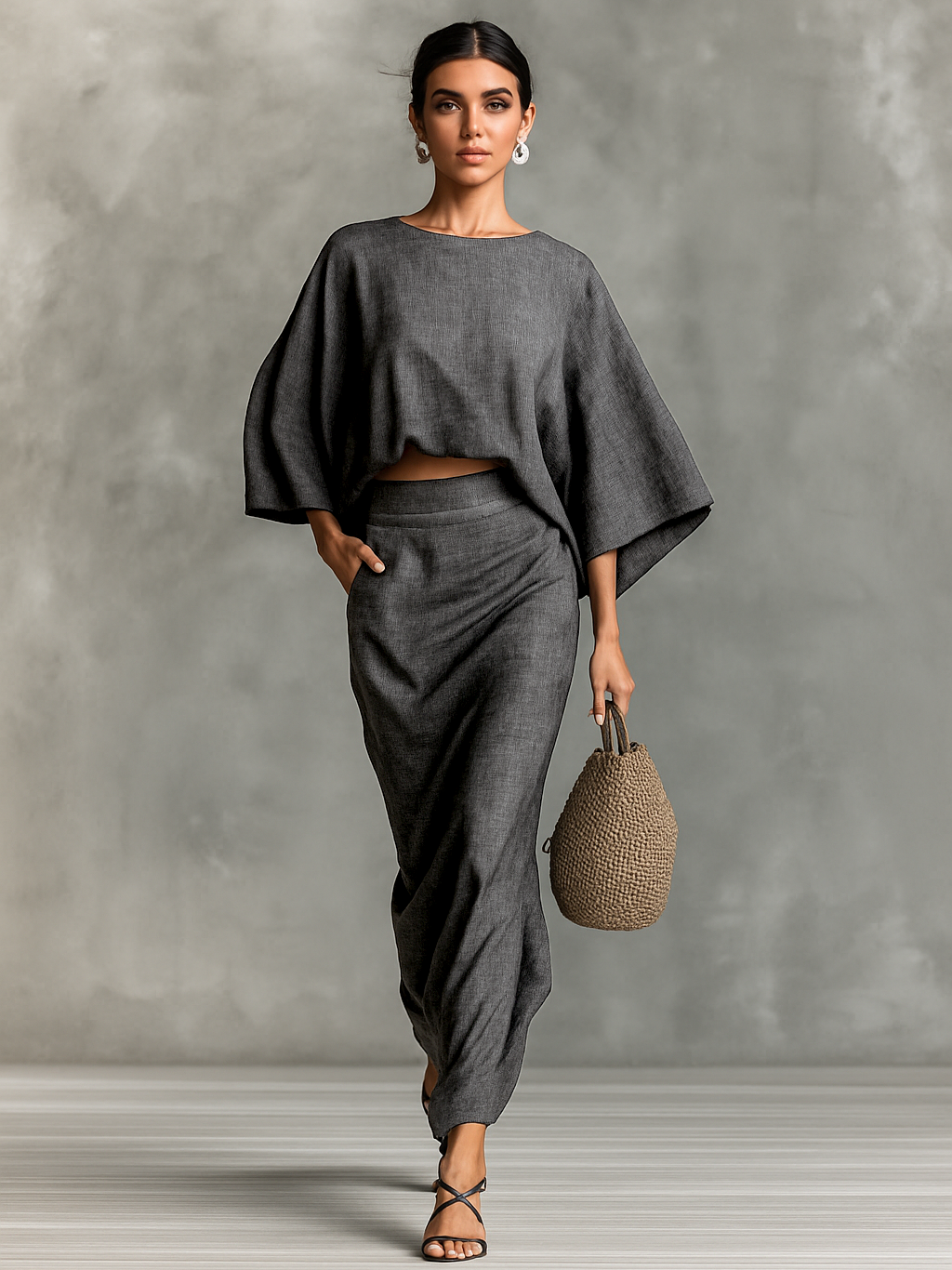Selene | Soft Batwing Top and Maxi Skirt Two-Piece Set – Dark Gray | The Bellemont Sisters Australia