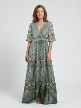 Evadne | Floral V Neck Short Sleeve Maxi Dress – Green | The Bellemont Sisters Australia