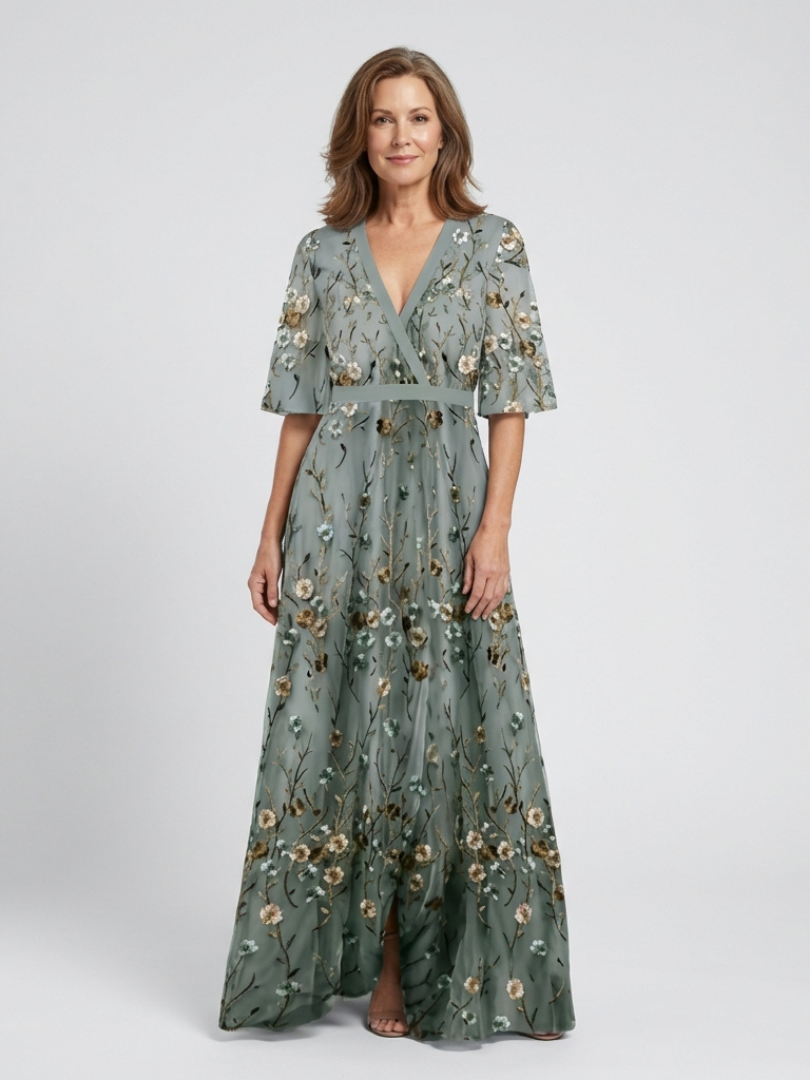 Evadne | Floral V Neck Short Sleeve Maxi Dress – Green | The Bellemont Sisters Australia