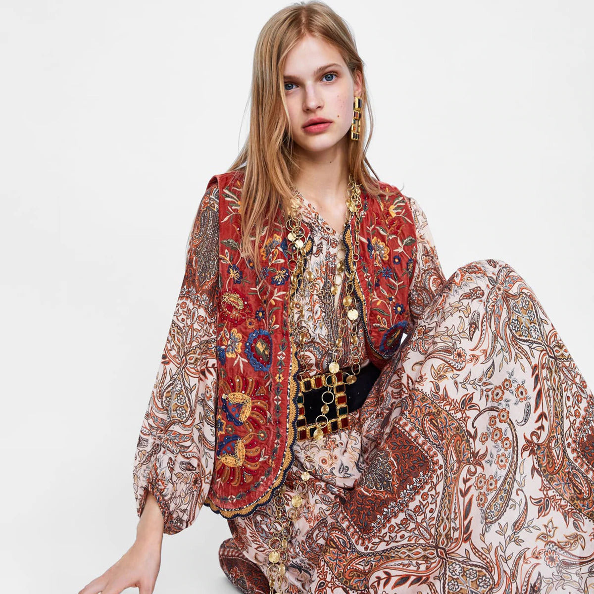 Eleanor | Women’s Boho Floral Open Front Vest Design – Red | The Bellemont Sisters Australia