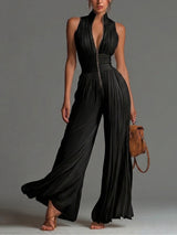Black V-neck Sleeveless Zip-up Pleated Wide-leg Chiffon Jumpsuit – Black | The Bellemont Sisters Australia