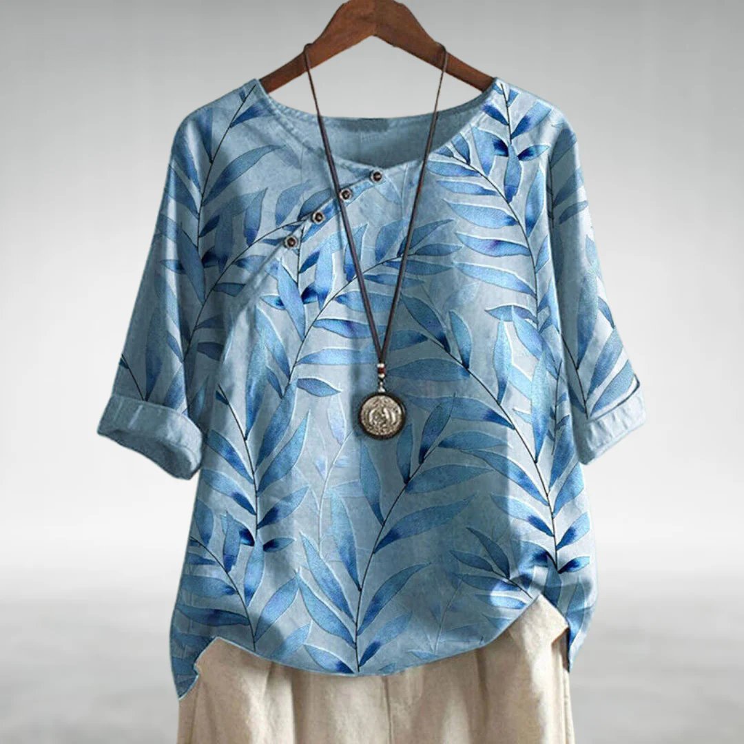 Charlotte | Casual Leaf Print Button Blouse for Women – Blue | The Bellemont Sisters Australia