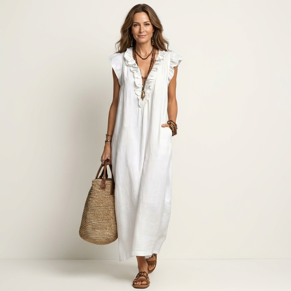 Josette | Ruffle V-Neck Linen Maxi Dress – White | The Bellemont Sisters Australia