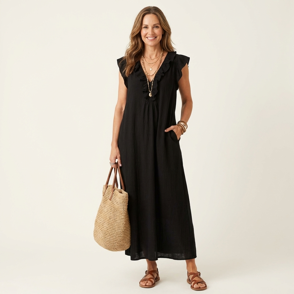 Josette | Ruffle V-Neck Linen Maxi Dress – Black | The Bellemont Sisters Australia
