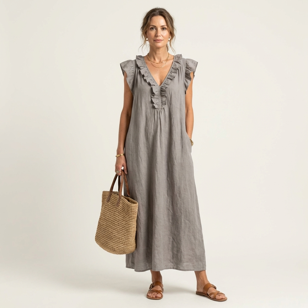 Josette | Ruffle V-Neck Linen Maxi Dress – Gray | The Bellemont Sisters Australia