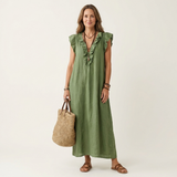Josette | Ruffle V-Neck Linen Maxi Dress – Green | The Bellemont Sisters Australia