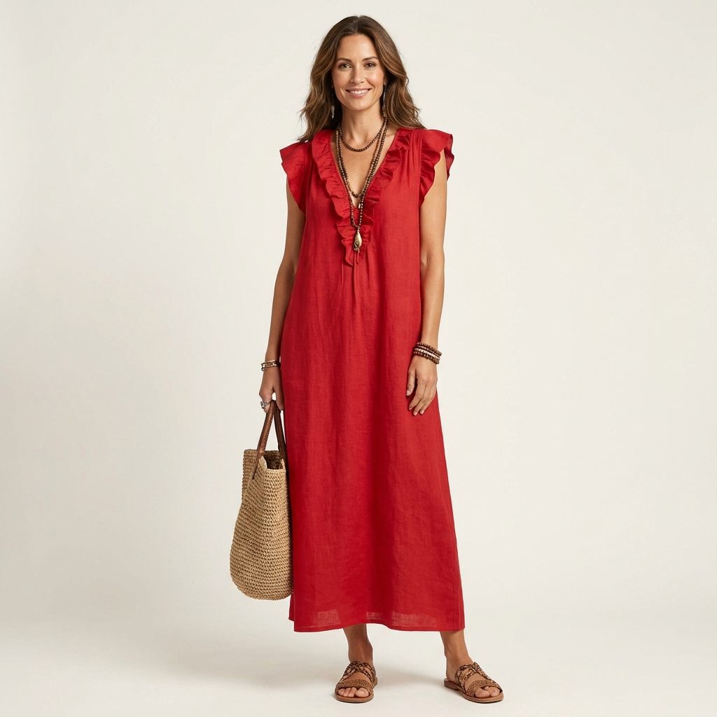 Josette | Ruffle V-Neck Linen Maxi Dress – Red | The Bellemont Sisters Australia