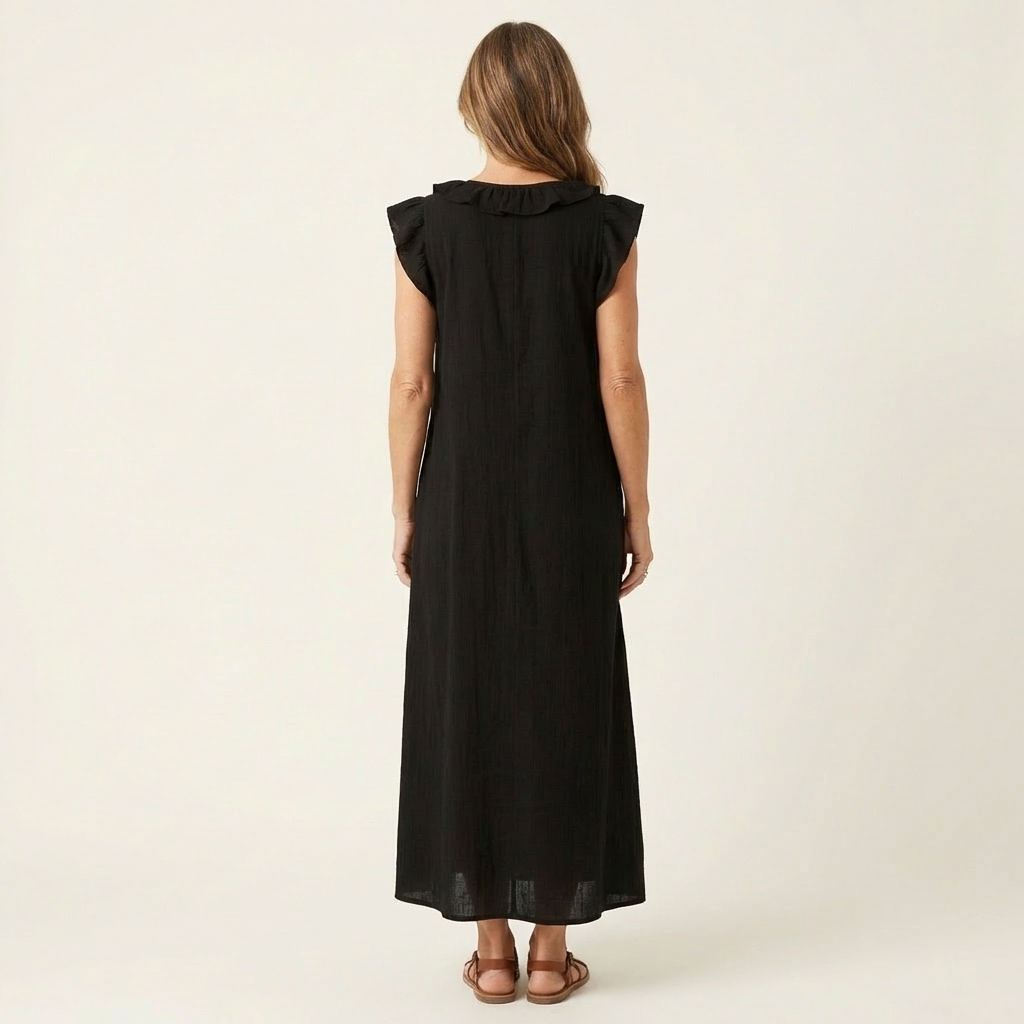 Josette | Ruffle V-Neck Linen Maxi Dress | The Bellemont Sisters Australia
