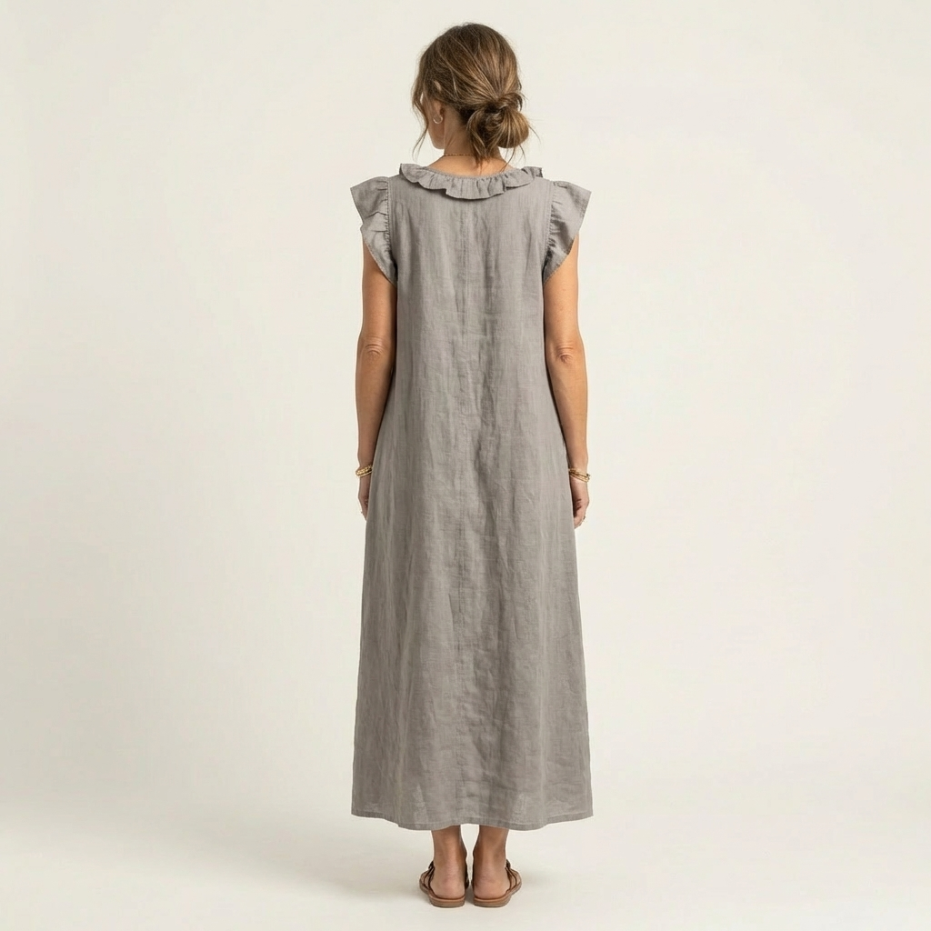 Josette | Ruffle V-Neck Linen Maxi Dress | The Bellemont Sisters Australia