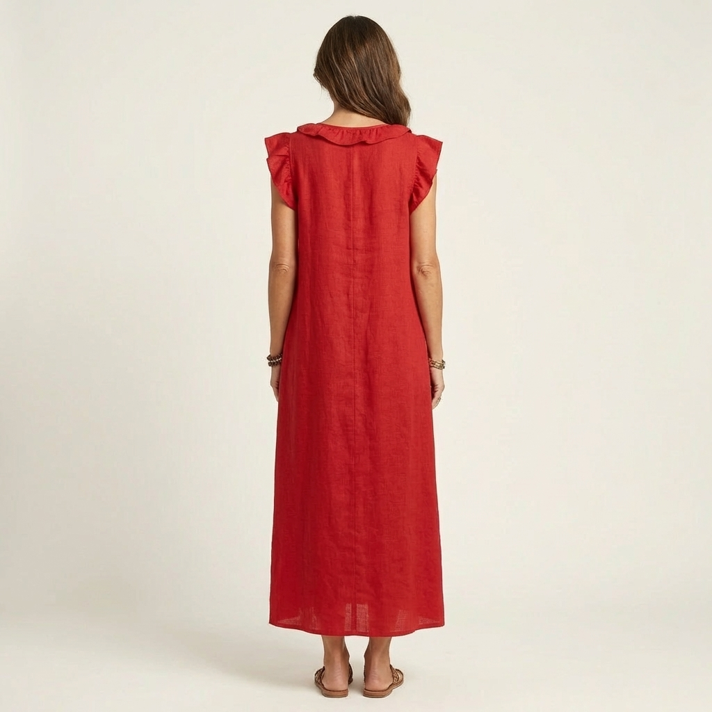 Josette | Ruffle V-Neck Linen Maxi Dress | The Bellemont Sisters Australia