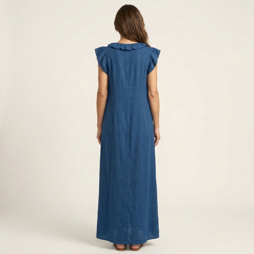 Josette | Ruffle V-Neck Linen Maxi Dress | The Bellemont Sisters Australia