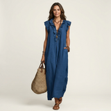 Josette | Ruffle V-Neck Linen Maxi Dress – Blue | The Bellemont Sisters Australia