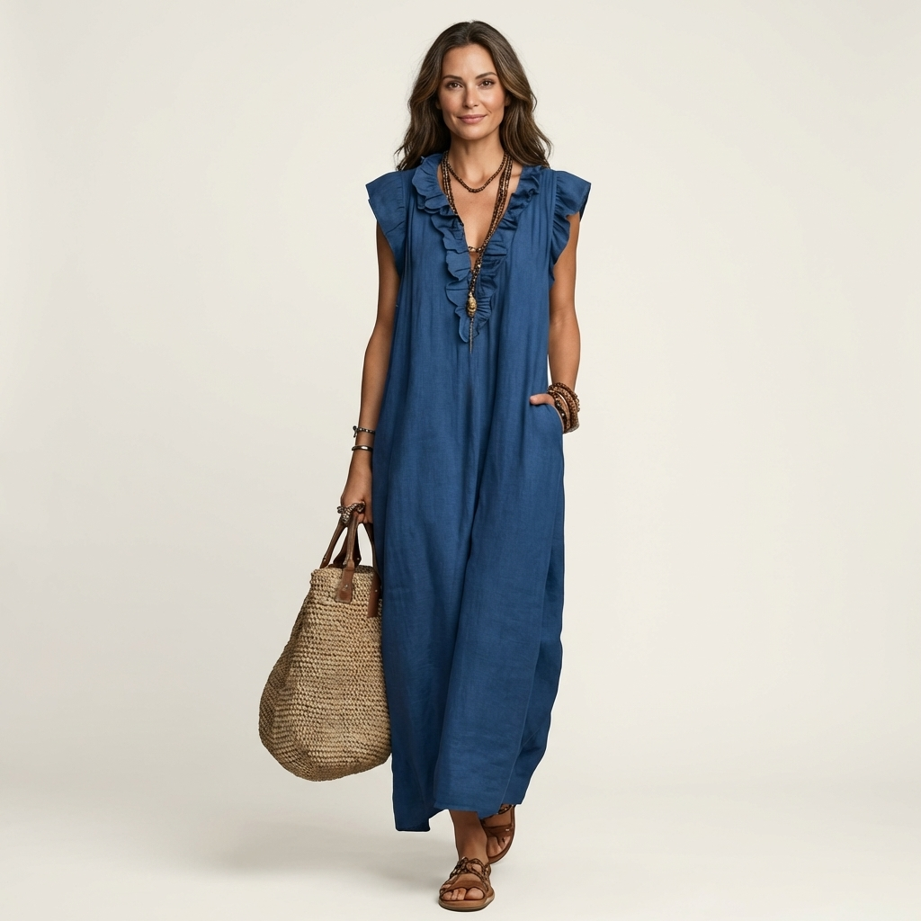 Josette | Ruffle V-Neck Linen Maxi Dress – Blue | The Bellemont Sisters Australia