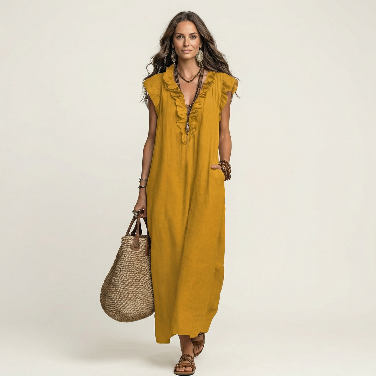 Josette | Ruffle V-Neck Linen Maxi Dress – Yellow | The Bellemont Sisters Australia