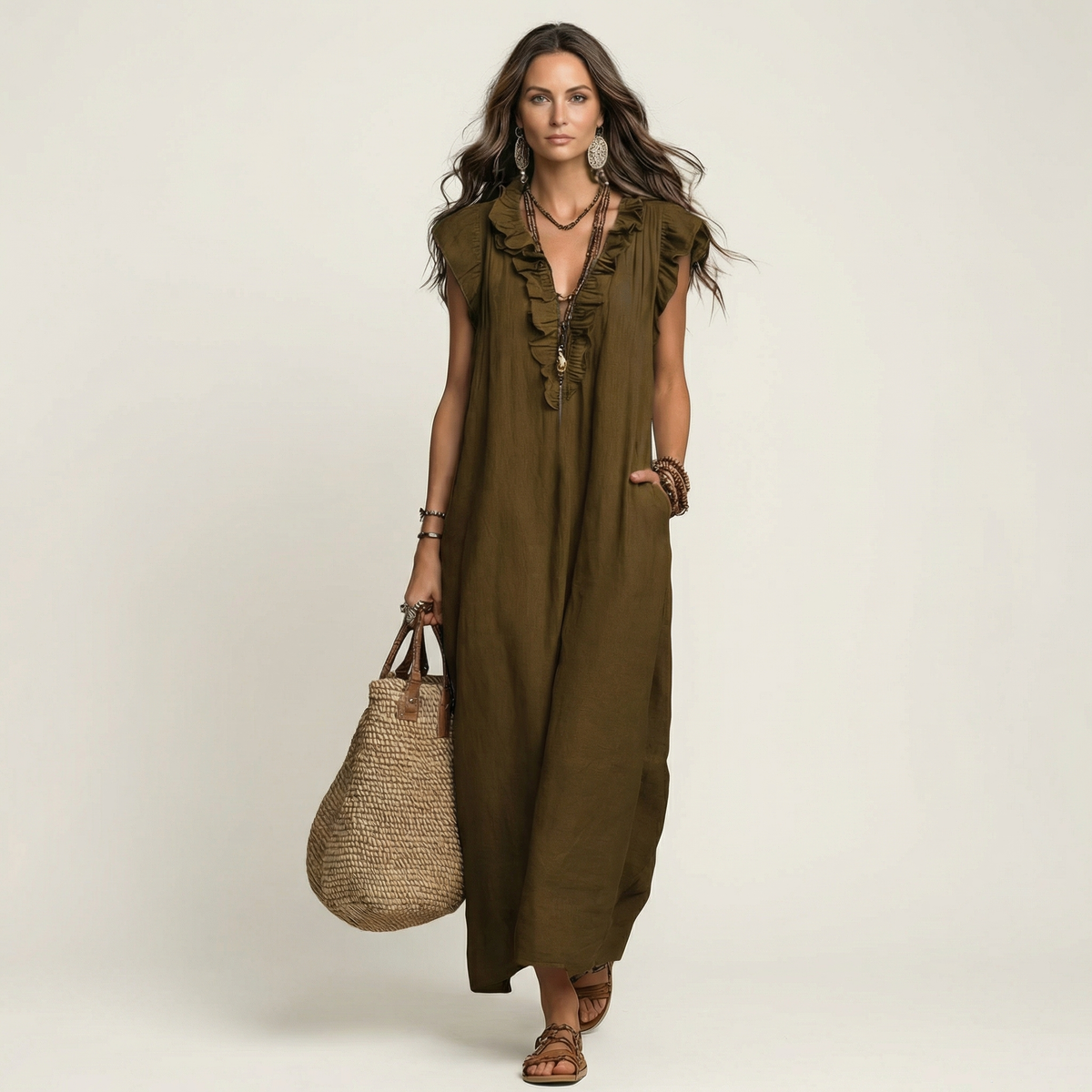Josette | Ruffle V-Neck Linen Maxi Dress – Brown | The Bellemont Sisters Australia