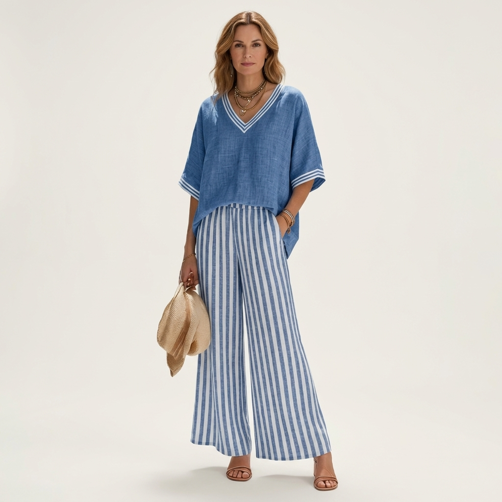 Juliana | V-Neck Varsity Top & Stripe Wide-Leg Set – Blue | The Bellemont Sisters Australia