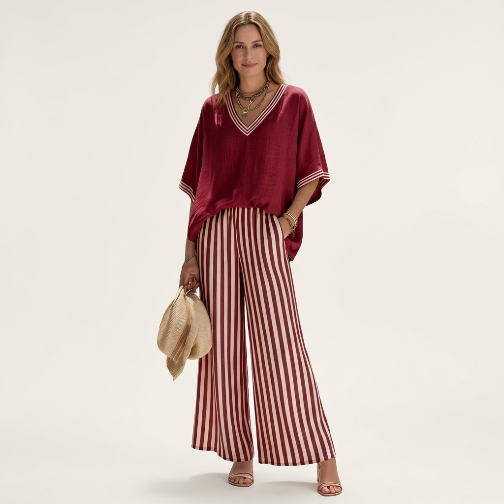 Juliana | V-Neck Varsity Top & Stripe Wide-Leg Set – Red | The Bellemont Sisters Australia