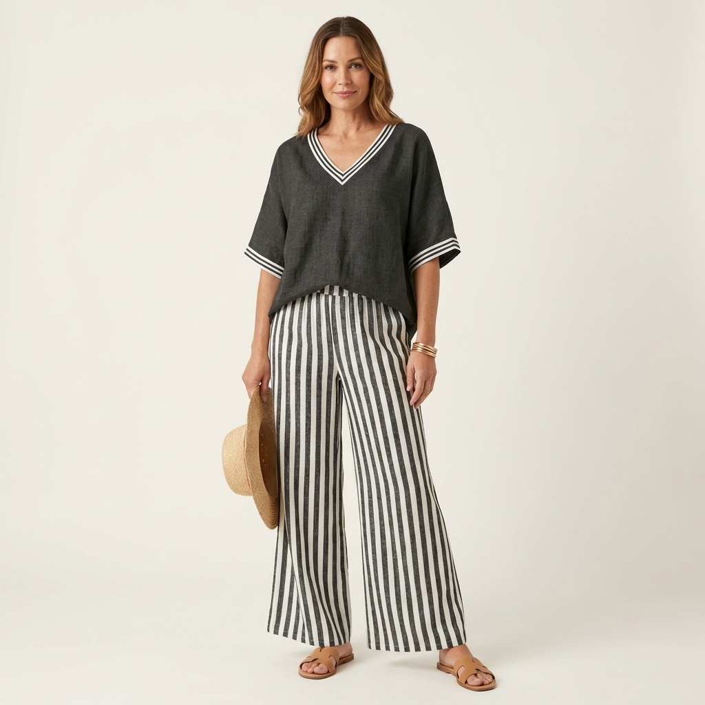 Juliana | V-Neck Varsity Top & Stripe Wide-Leg Set – Black | The Bellemont Sisters Australia