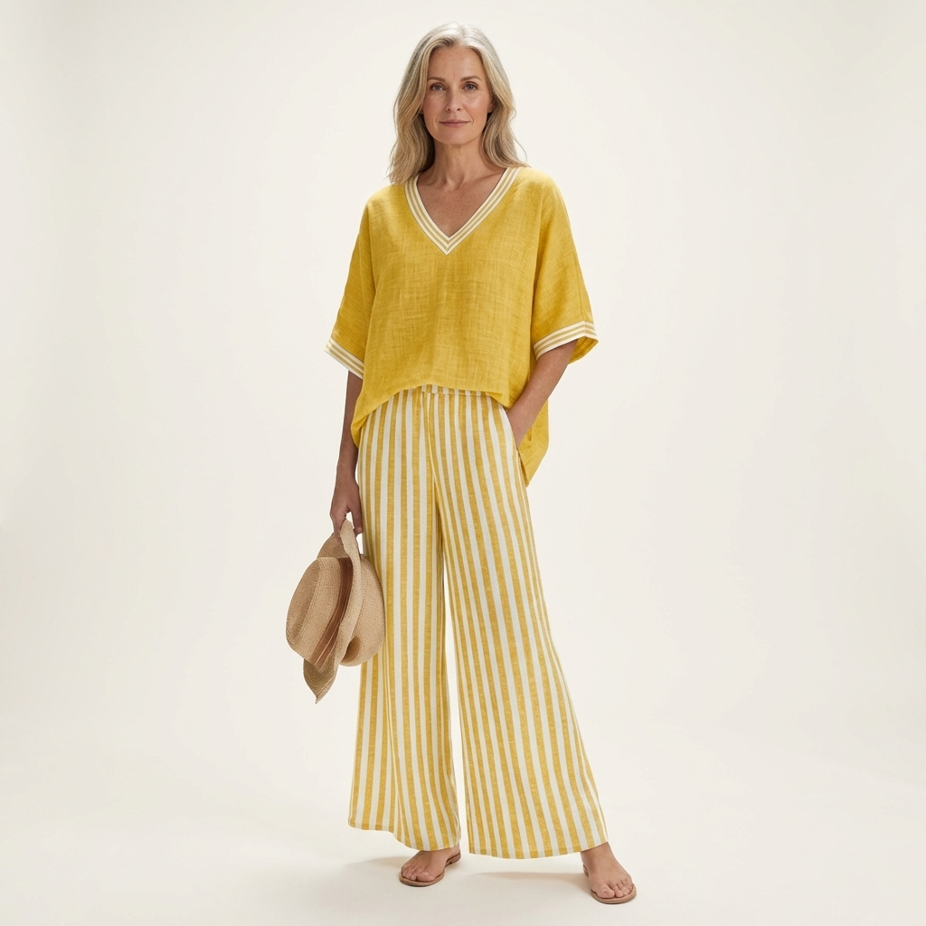Juliana | V-Neck Varsity Top & Stripe Wide-Leg Set – Yellow | The Bellemont Sisters Australia