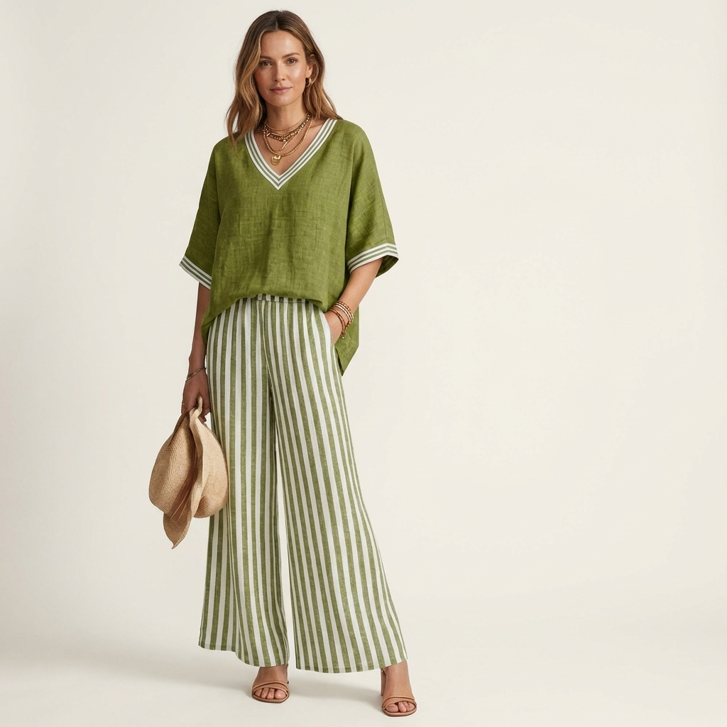 Juliana | V-Neck Varsity Top & Stripe Wide-Leg Set – Green | The Bellemont Sisters Australia