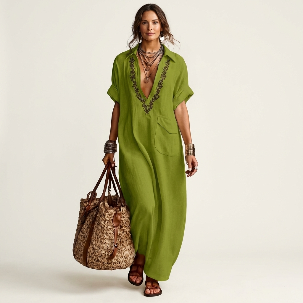 Amarina | Embroidered V-Neck Collar Linen Maxi Dress – Green | The Bellemont Sisters Australia