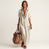 Amarina | Embroidered V-Neck Collar Linen Maxi Dress – White | The Bellemont Sisters Australia