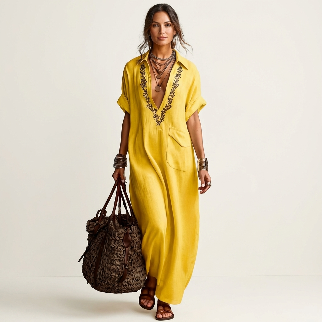 Amarina | Embroidered V-Neck Collar Linen Maxi Dress – Yellow | The Bellemont Sisters Australia