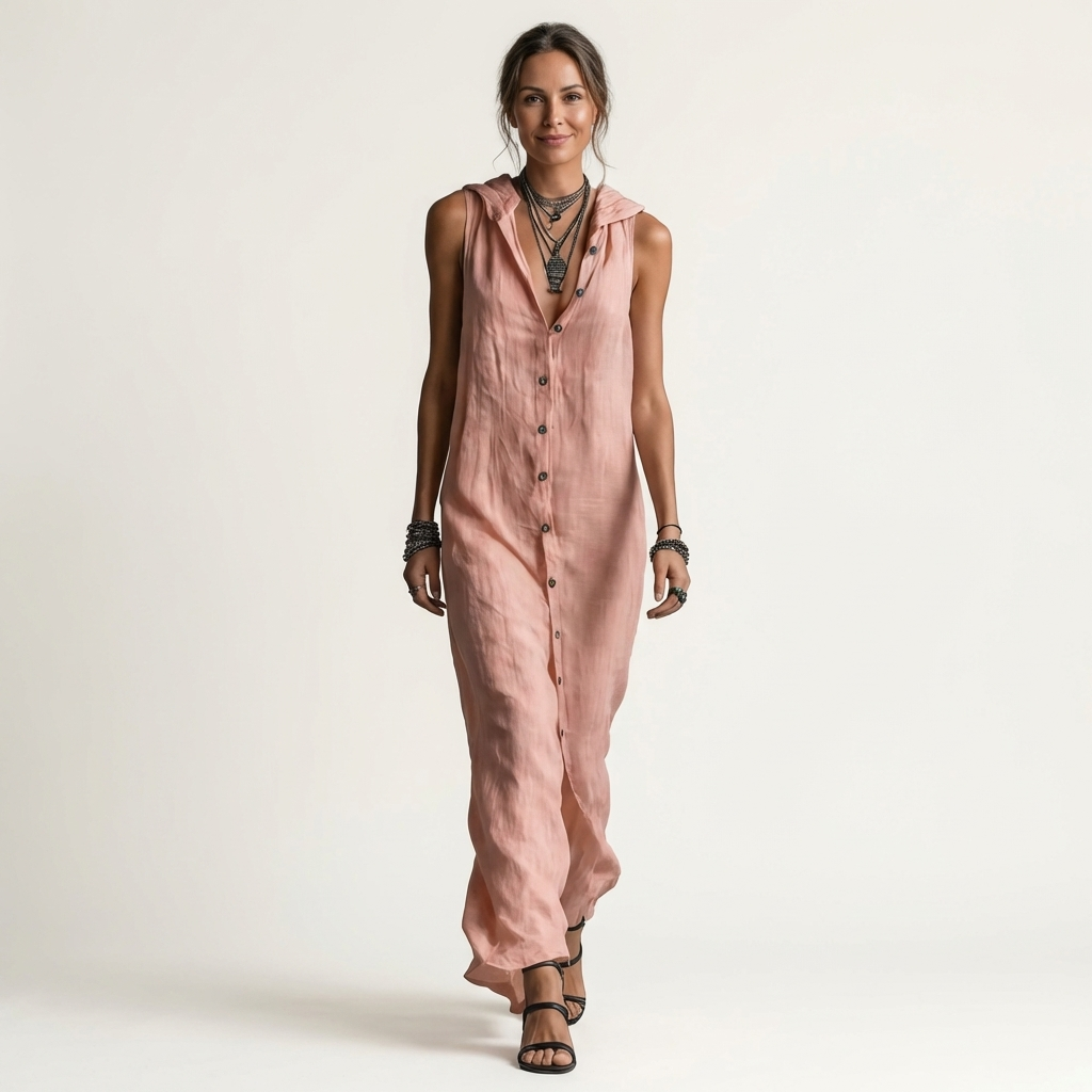 Mirabell | Hooded Button-Front Sleeveless Linen Maxi Dress – Pink | The Bellemont Sisters Australia