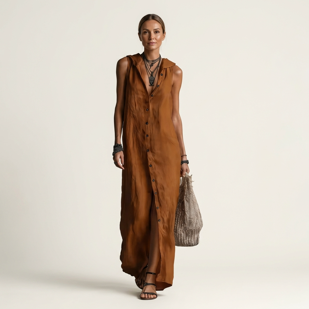 Mirabell | Hooded Button-Front Sleeveless Linen Maxi Dress – Brown | The Bellemont Sisters Australia