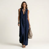 Mirabell | Hooded Button-Front Sleeveless Linen Maxi Dress – Navy Blue | The Bellemont Sisters Australia