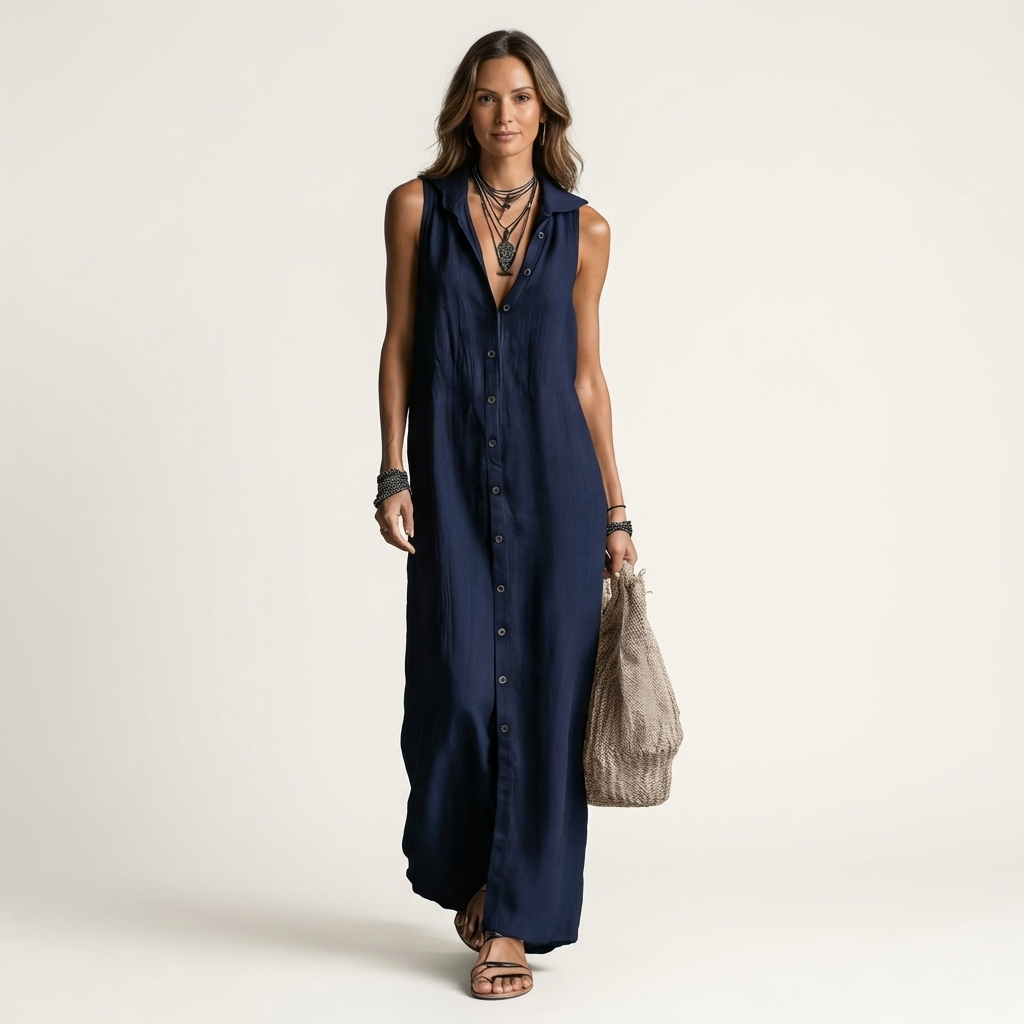 Mirabell | Hooded Button-Front Sleeveless Linen Maxi Dress – Navy Blue | The Bellemont Sisters Australia