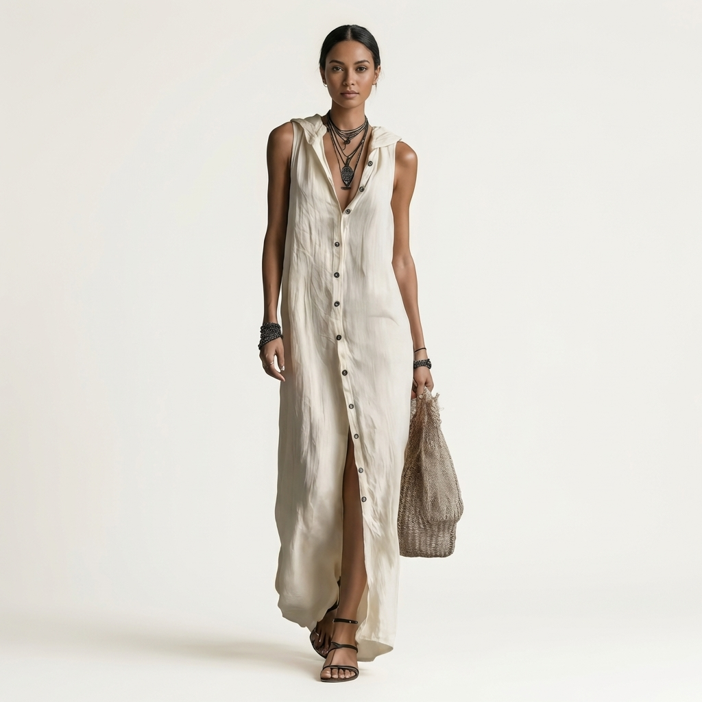 Mirabell | Hooded Button-Front Sleeveless Linen Maxi Dress – White | The Bellemont Sisters Australia