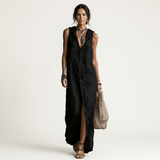 Mirabell | Hooded Button-Front Sleeveless Linen Maxi Dress – Black | The Bellemont Sisters Australia