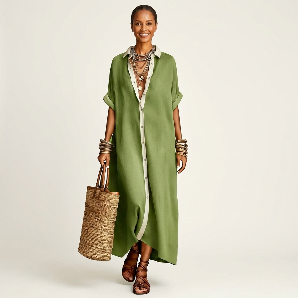 Kamira | Contrast-Collar Button-Front Short-Sleeve Maxi Shirt Dress – Green | The Bellemont Sisters Australia