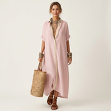 Kamira | Contrast-Collar Button-Front Short-Sleeve Maxi Shirt Dress – Pink | The Bellemont Sisters Australia