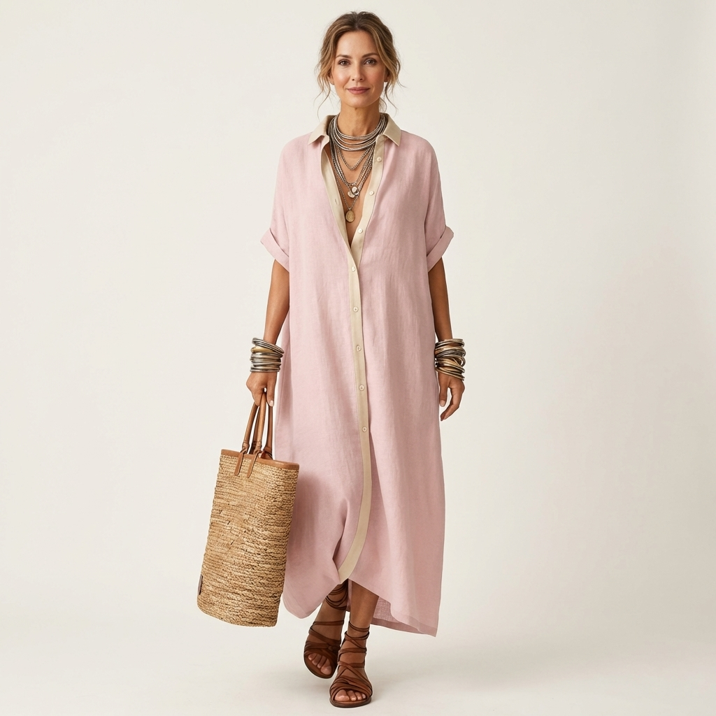 Kamira | Contrast-Collar Button-Front Short-Sleeve Maxi Shirt Dress – Pink | The Bellemont Sisters Australia